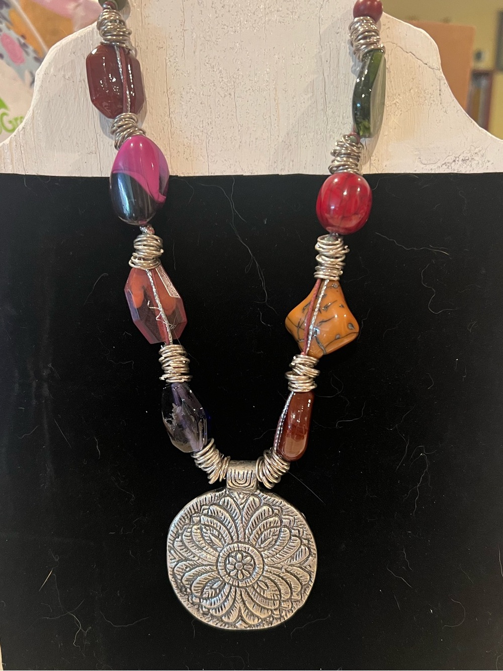 Multicolor Bead & Silver Floral Pendant Necklace